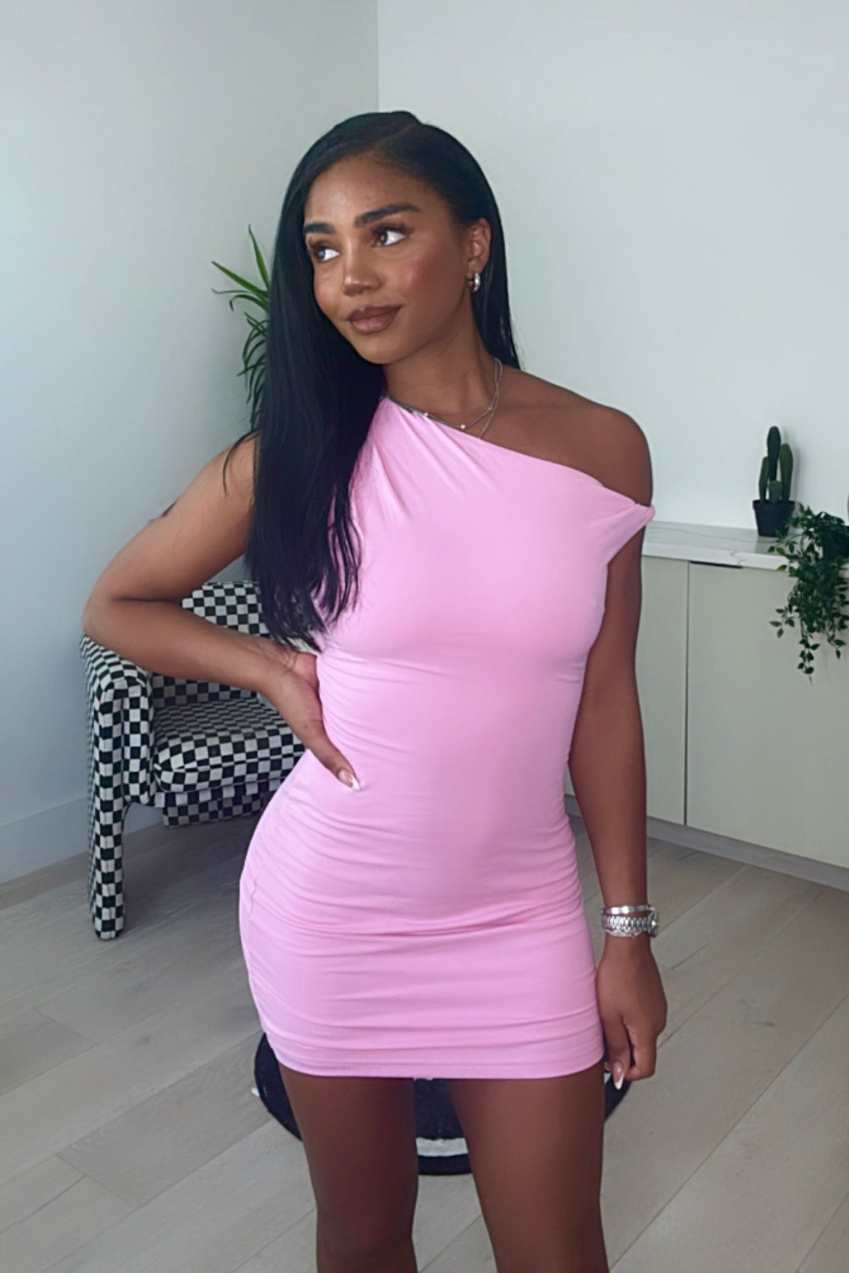 Zoe One Shoulder Mini Dress (Baby Pink)