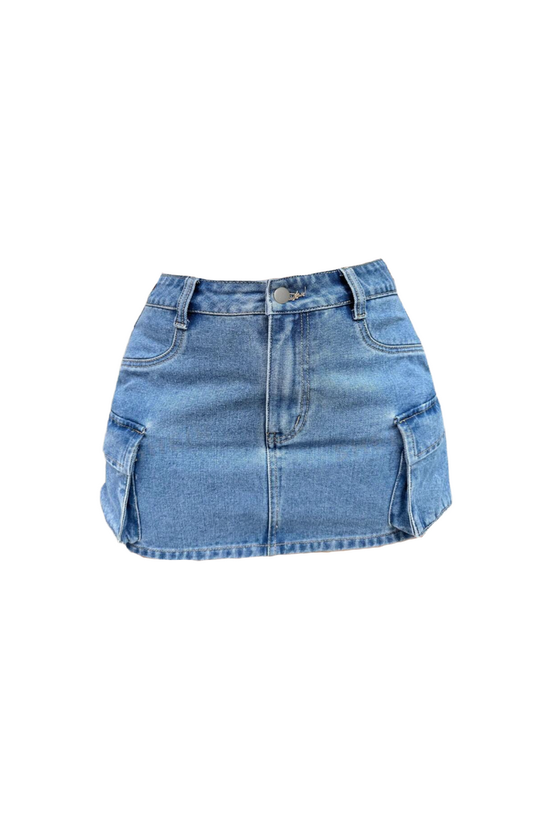 [lalafox]CARGO DENIM MINI SKIRT BLUE☆ハンソヒ アイブ 着用 ☆ハンソヒ 着用！！【lalafox】CARGO DENIM MINI SKIRT BLUE