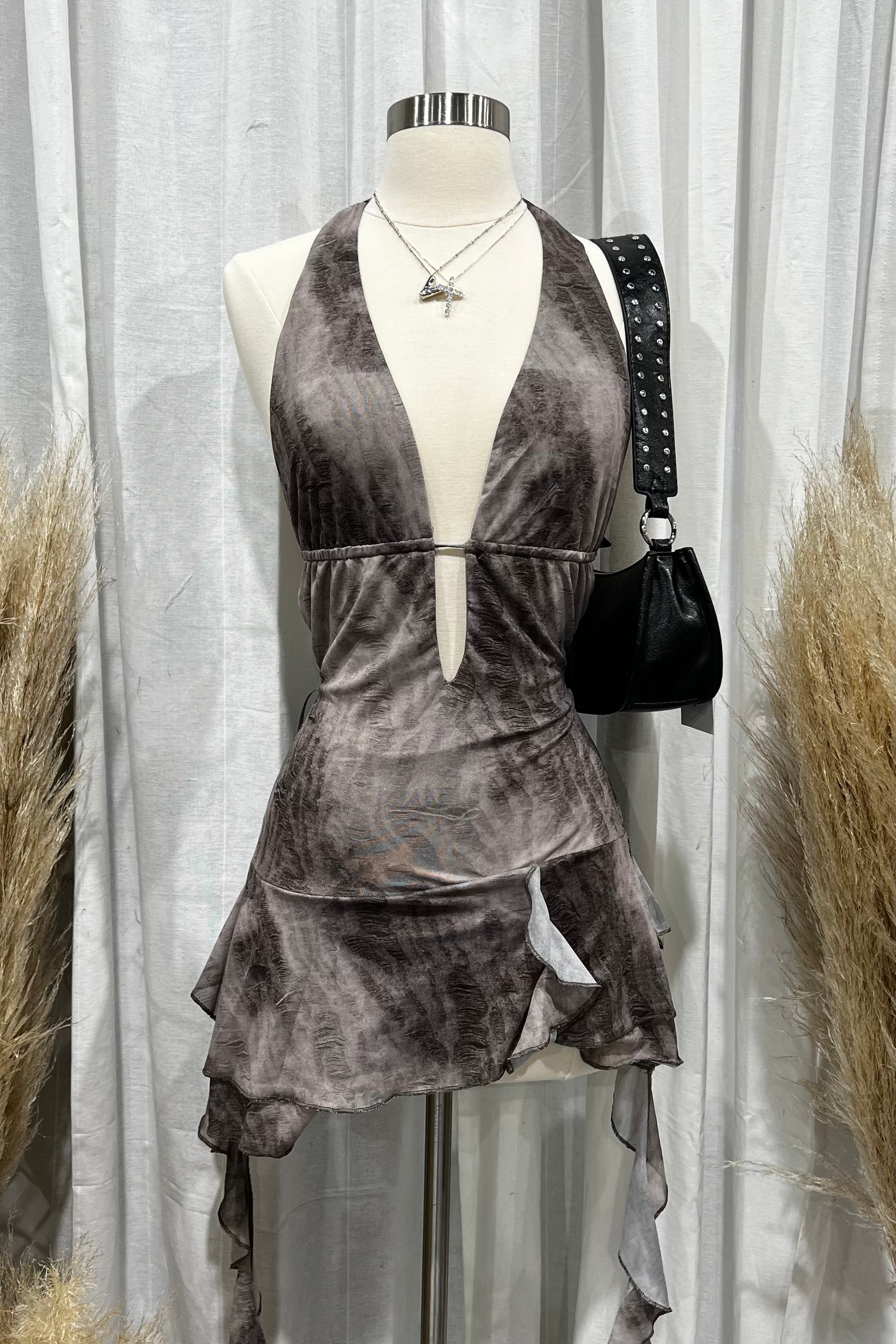 Lucie Halter Ruffle Dress (Charcoal Grey)