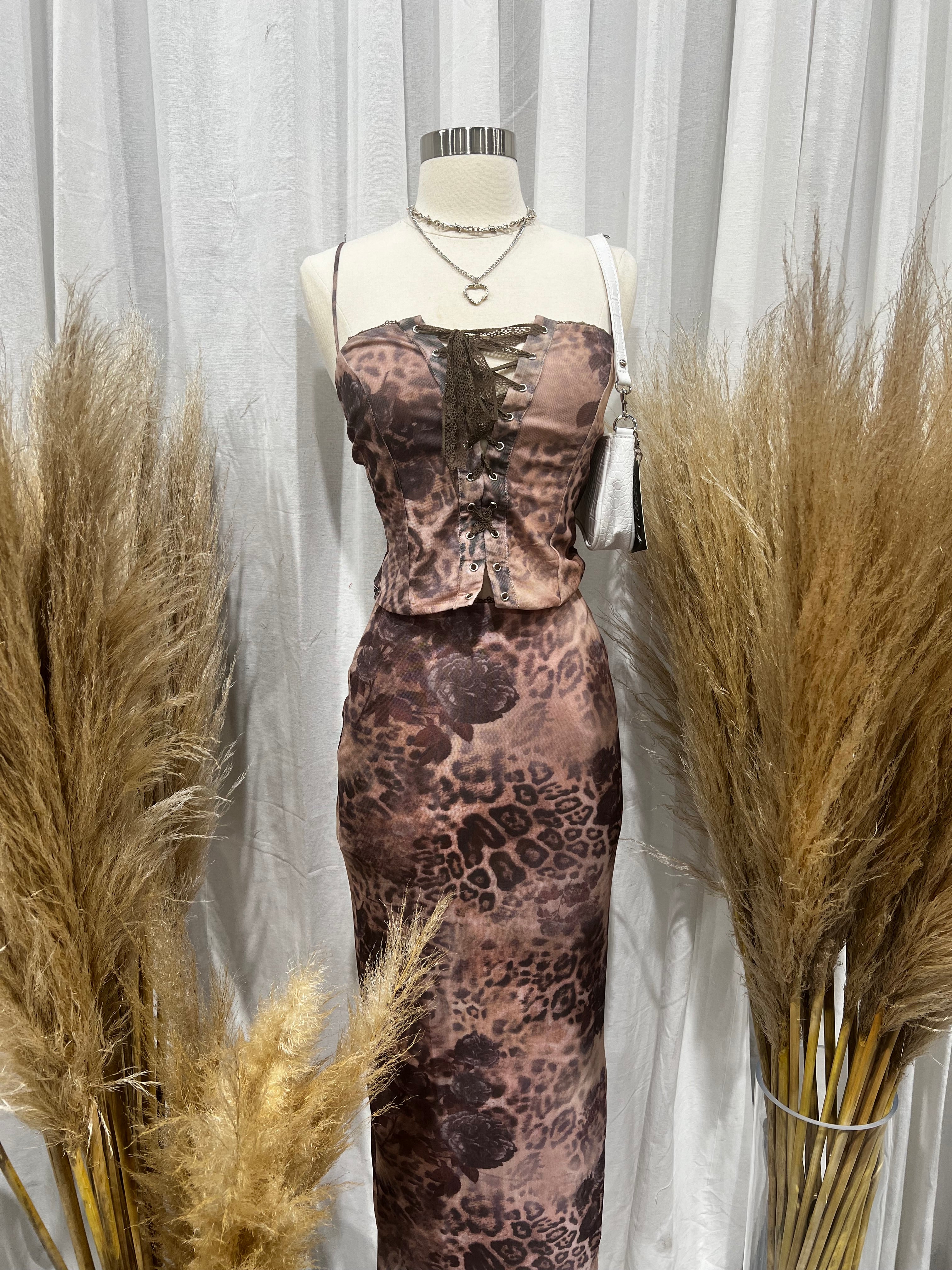 Camile Mesh Maxi Skirt Set (Plum Multi)