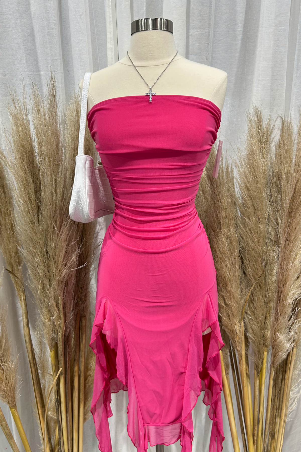 Emilia Mesh Midi Dress (Fuchsia Pink)