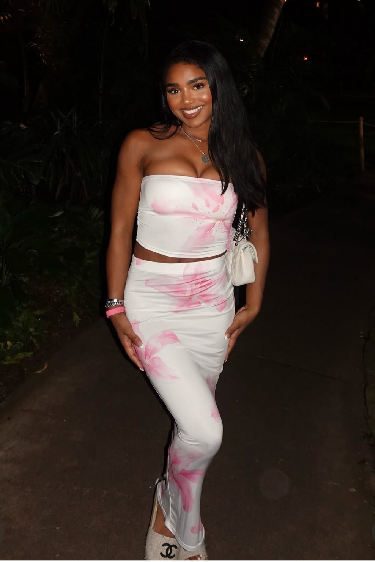 Marilla Floral Maxi Skirt Set (White/Pink)