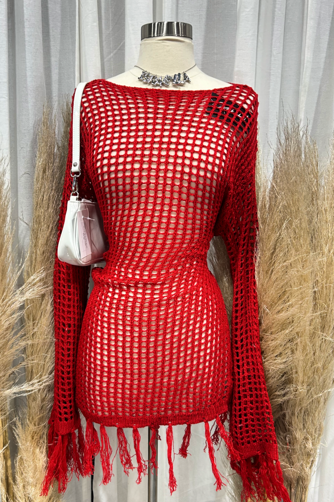 Russet Knit Long Sleeve Cover Up Dress (Red)