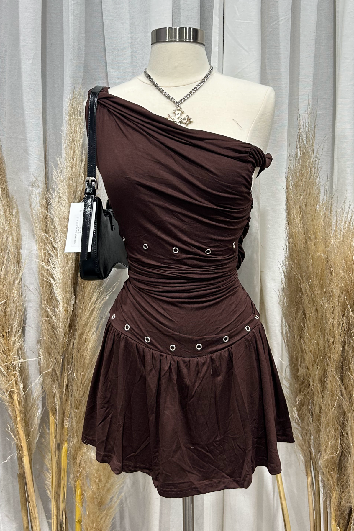 Azalea One Shoulder Mini Dress (Brown)