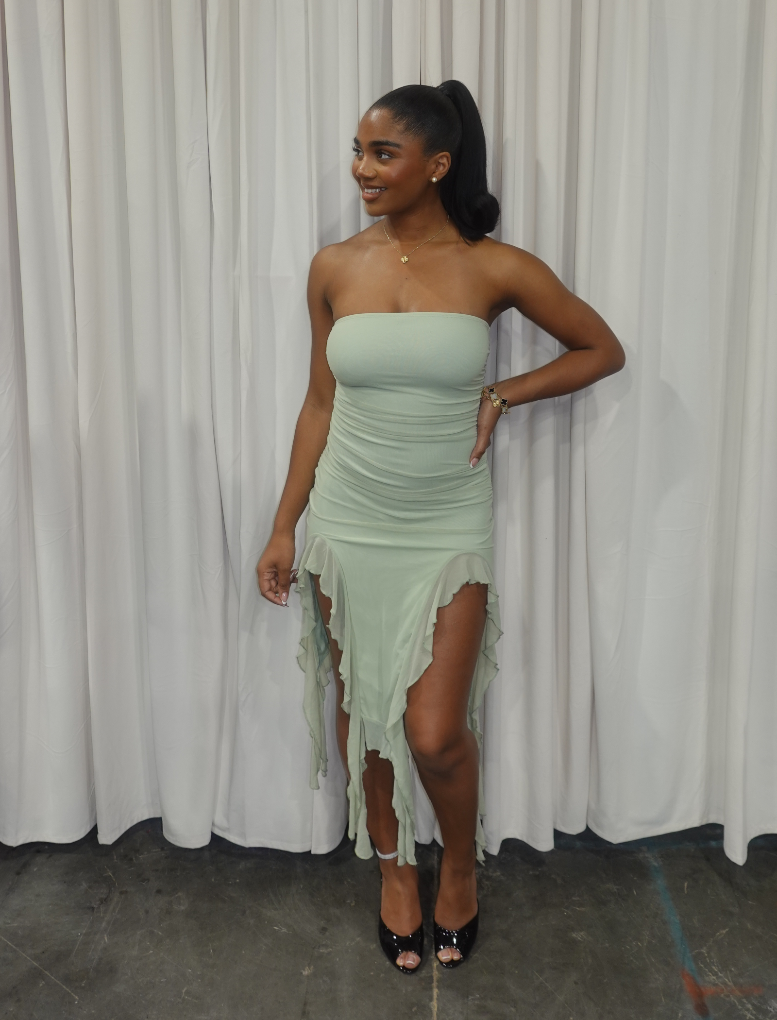 Emilia Mesh Midi Dress (Sage Green)