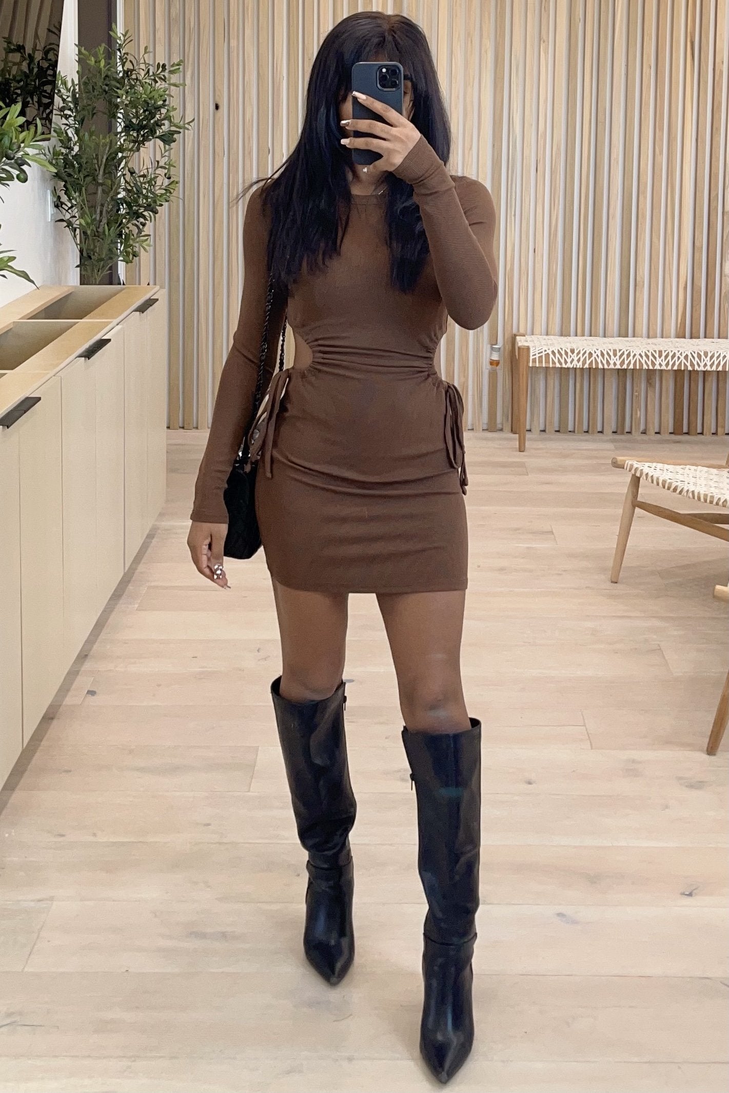 Amy Long Sleeve Side Cut Out Dress (Chocolate Brown)