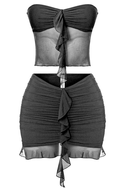Deedee Ruffled Mesh Skirt Set (Black)