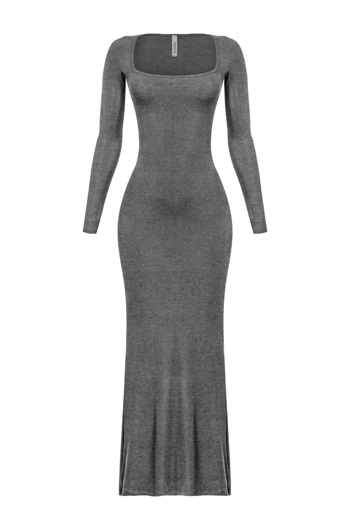 Kourtney Long Sleeve Ribbed Maxi Dress (Charcoal)