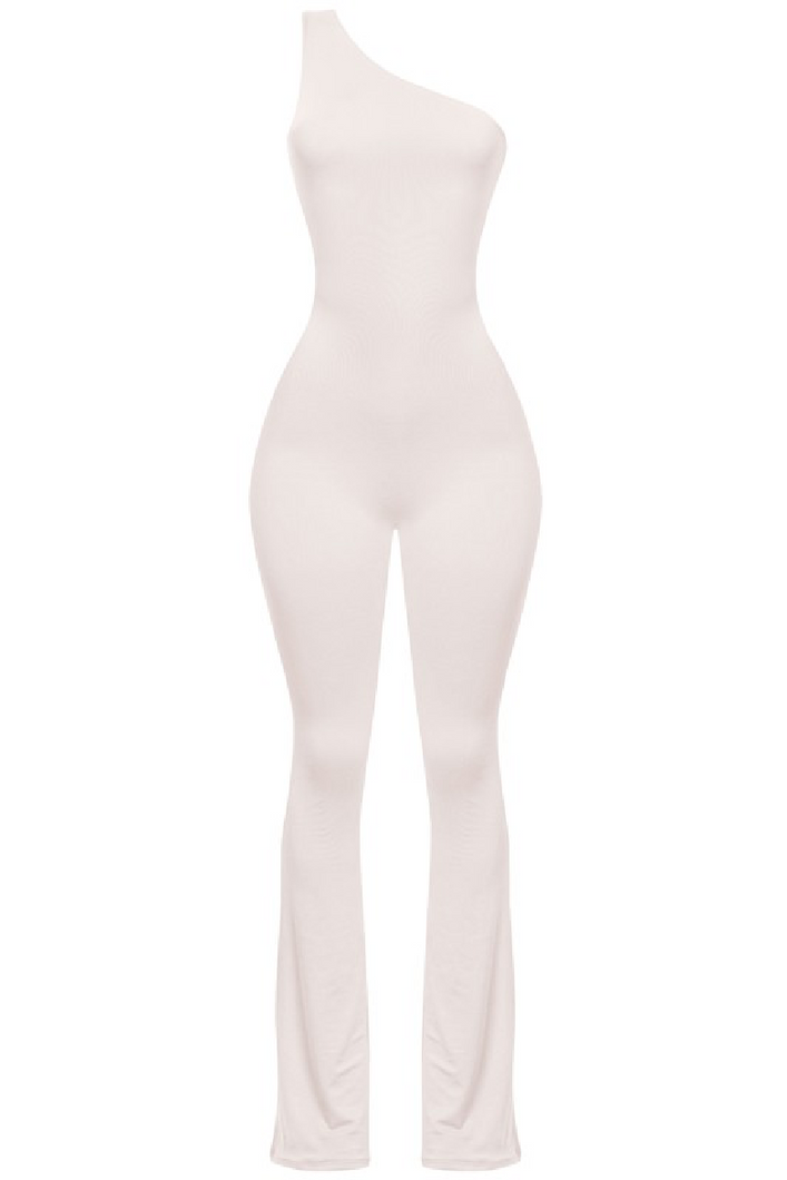 Raya One Shoulder Flare Jumpsuit (Beige White)