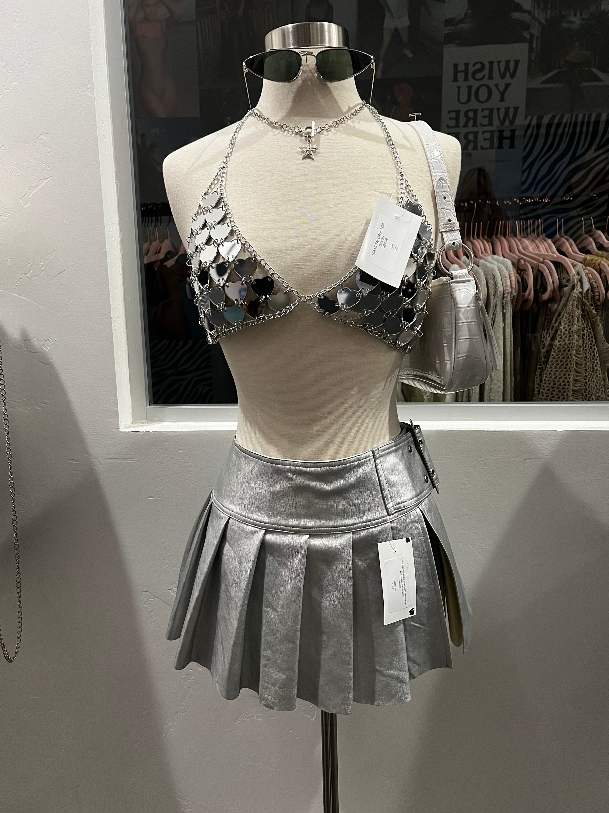 Ryder Pleated Leather Mini Skirt (Silver)