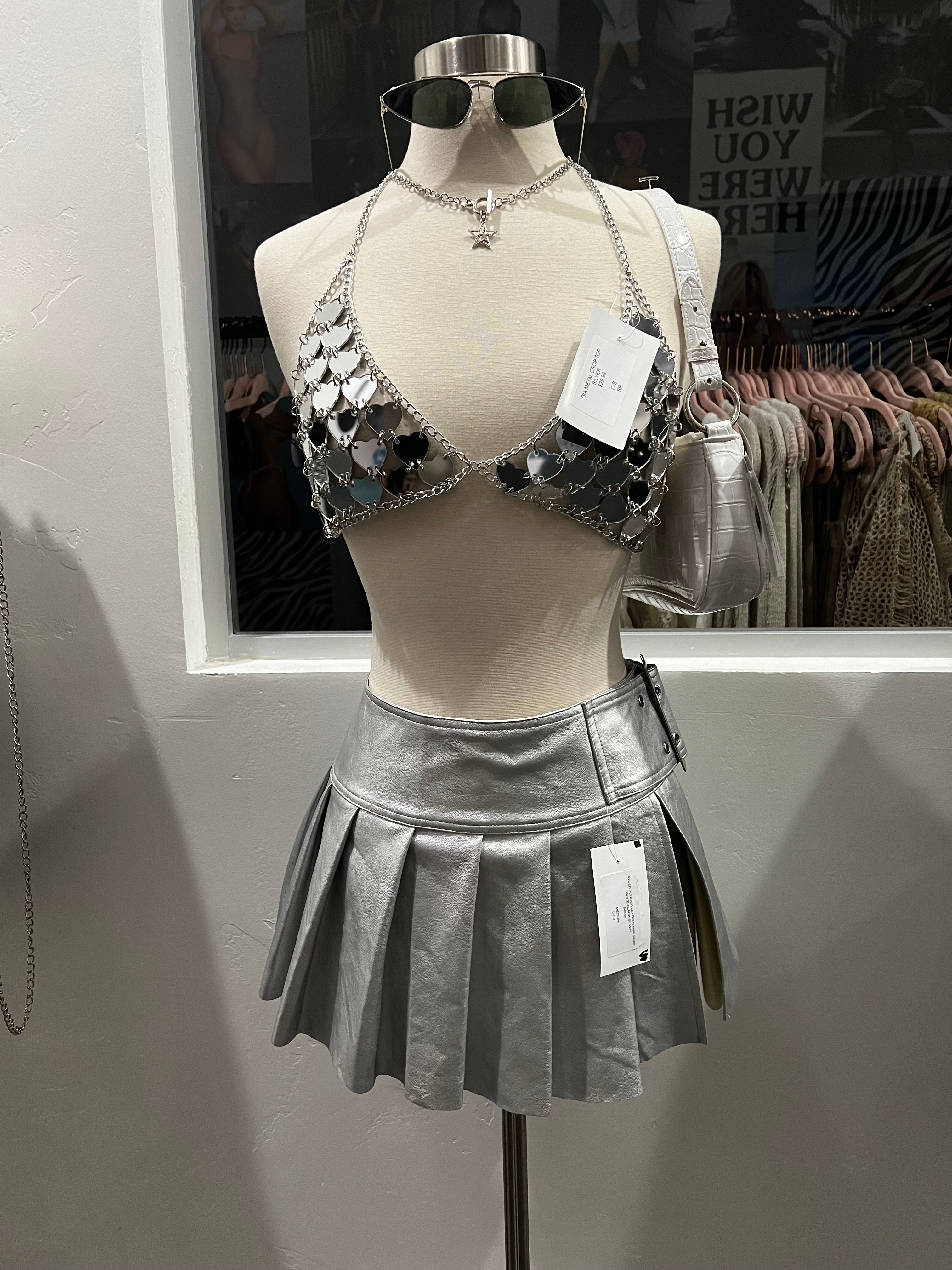 Ryder Pleated Leather Mini Skirt (Silver)