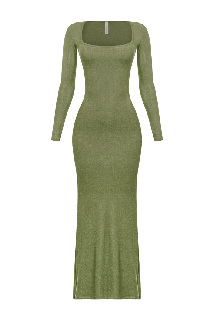 Kourtney L/S Ribbed Maxi Dress (Olive Green)