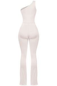 Raya One Shoulder Flare Jumpsuit (Beige White)