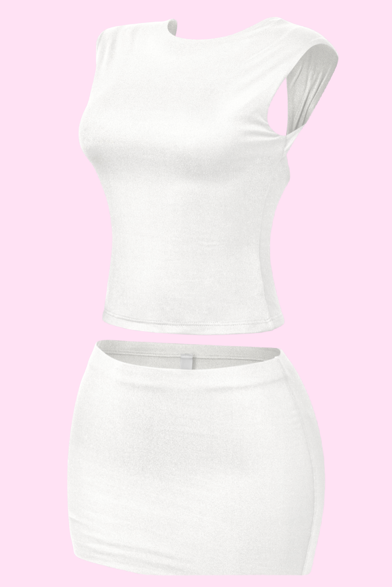Dulce Open Back Mini Skirt Set (Off White)