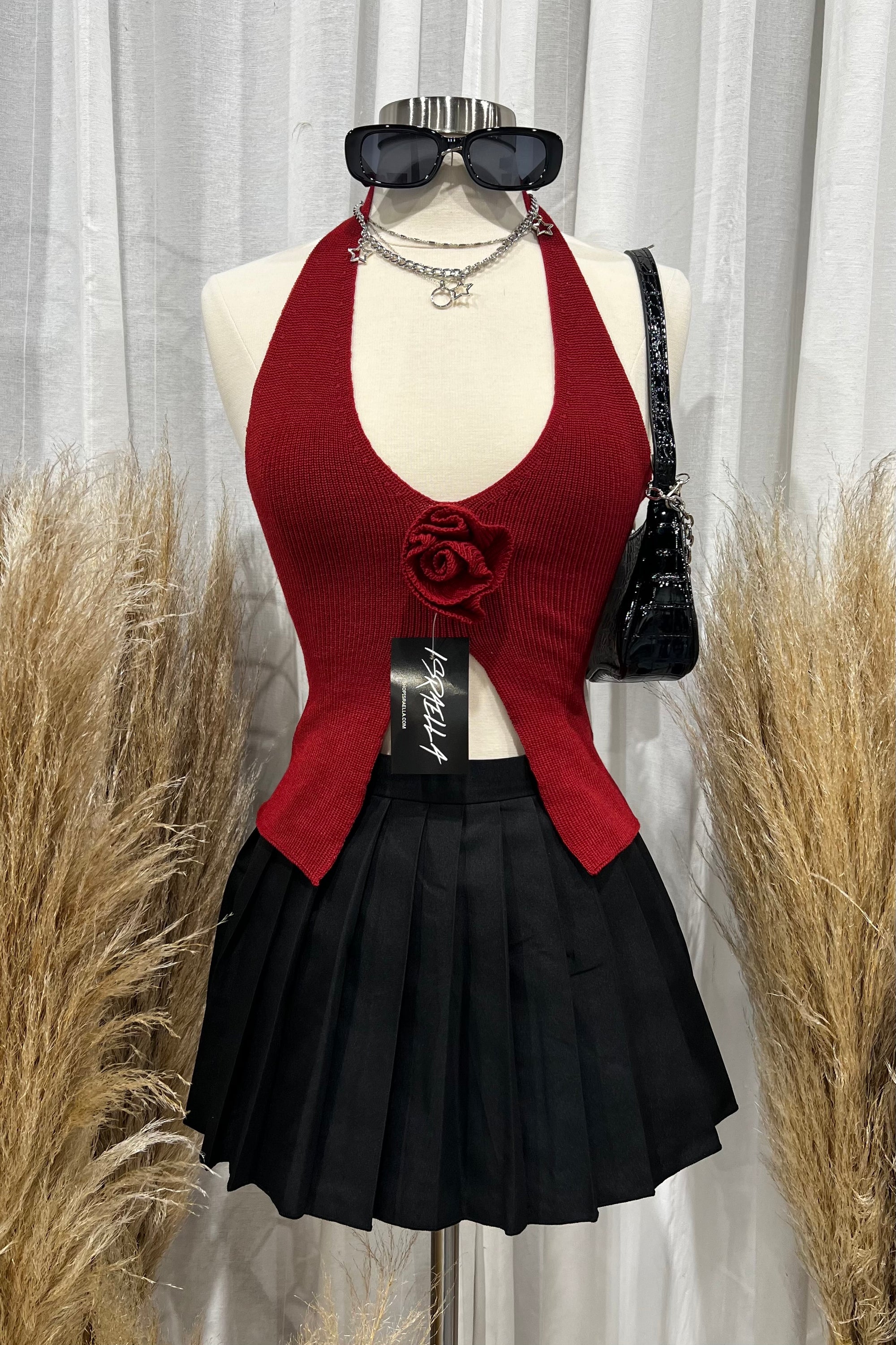 Rose Halter Top (Wine Red)