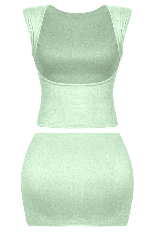 Dulce Open Back Mini Skirt Set (Sage Green)