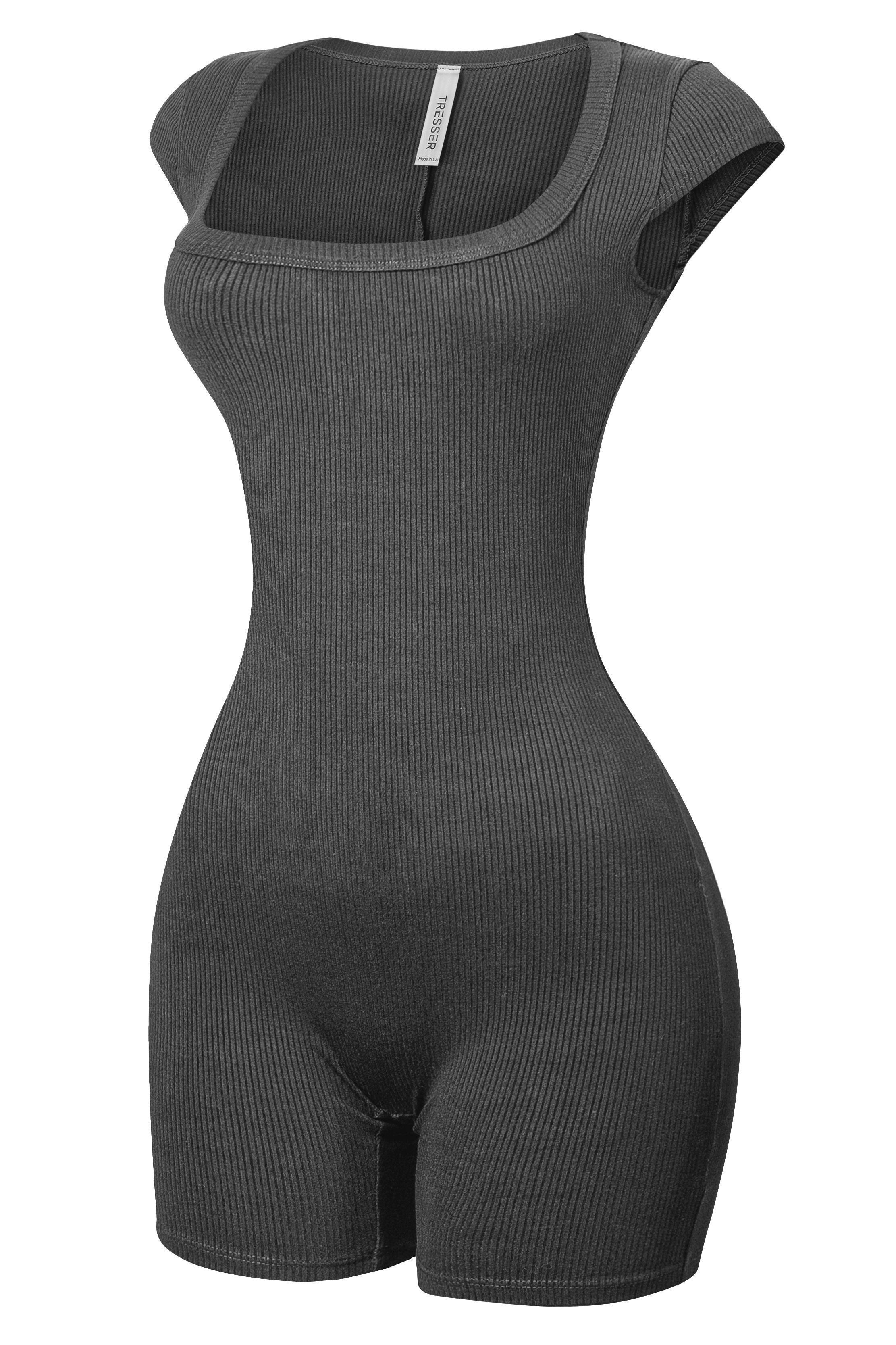 Arella Ribbed Scoop Romper (Black)