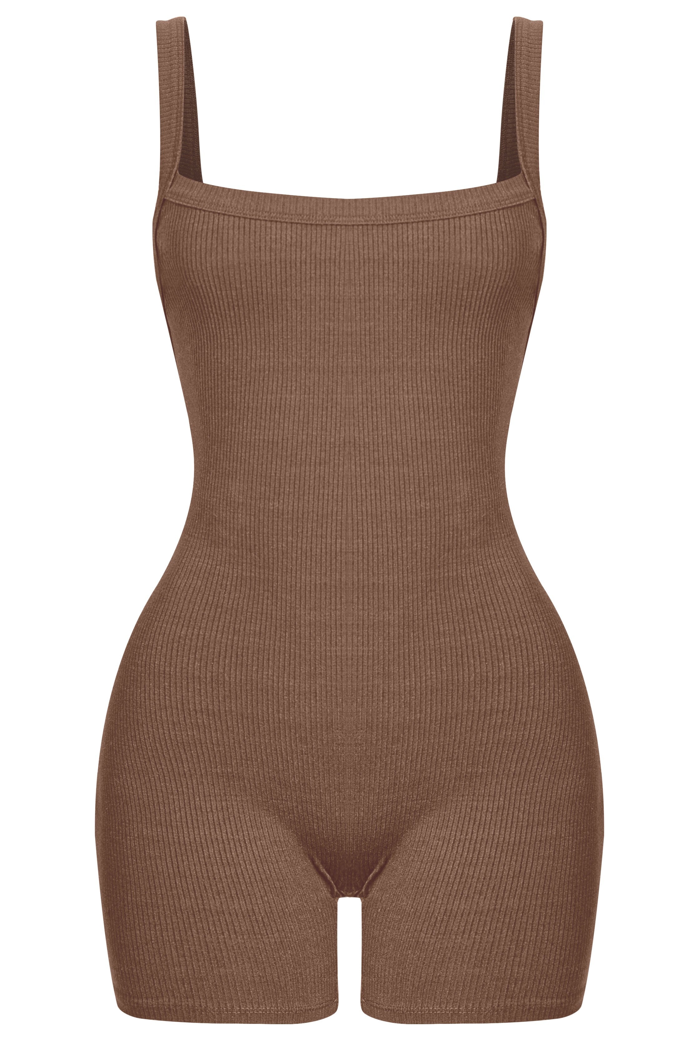 Ria Ribbed Open Back Romper (Chocolate Brown)