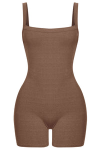 Ria Ribbed Open Back Romper (Chocolate Brown)