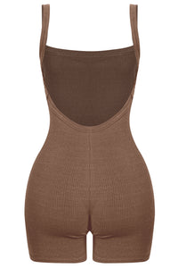 Ria Ribbed Open Back Romper (Chocolate Brown)