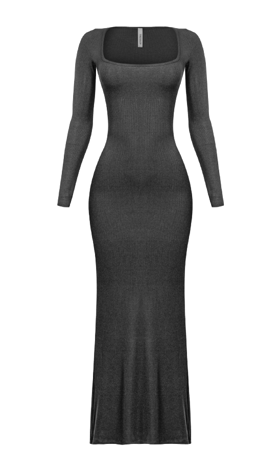 Kourtney Long Sleeve Ribbed Maxi Dress (Black)