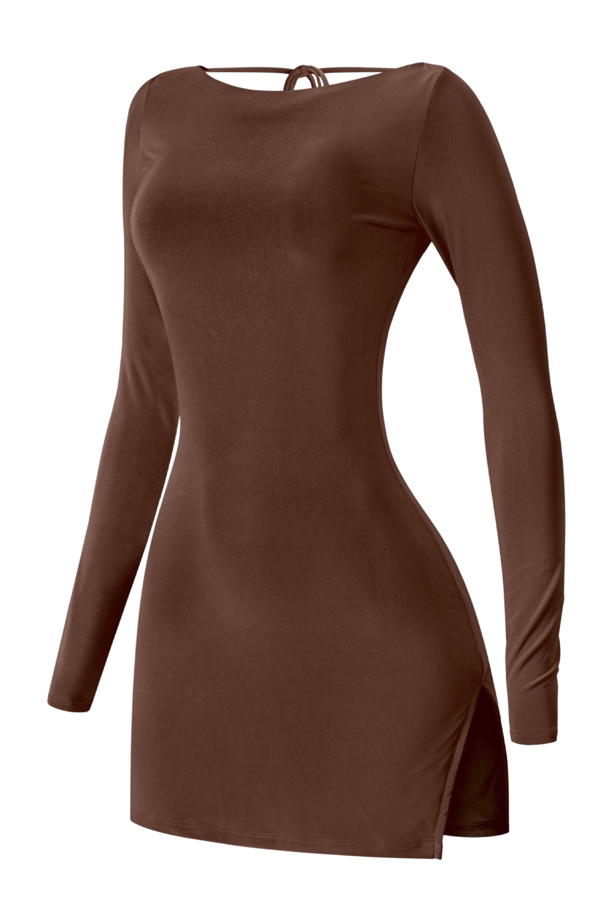 Staci Long Sleeve Open Back Side Slits Mini Dress (Brown)