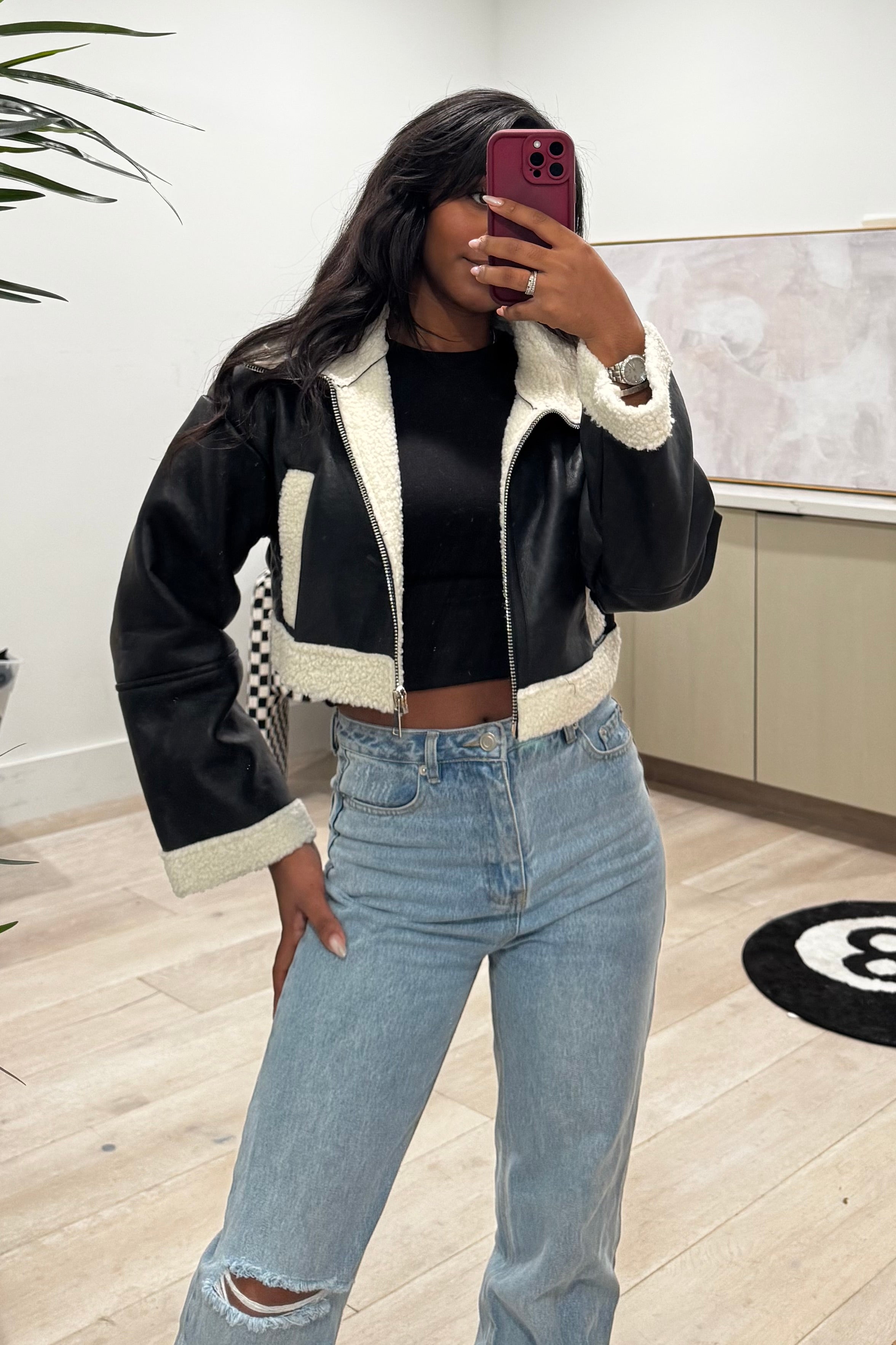 Malorie Fur Leather Jacket (Black/White)
