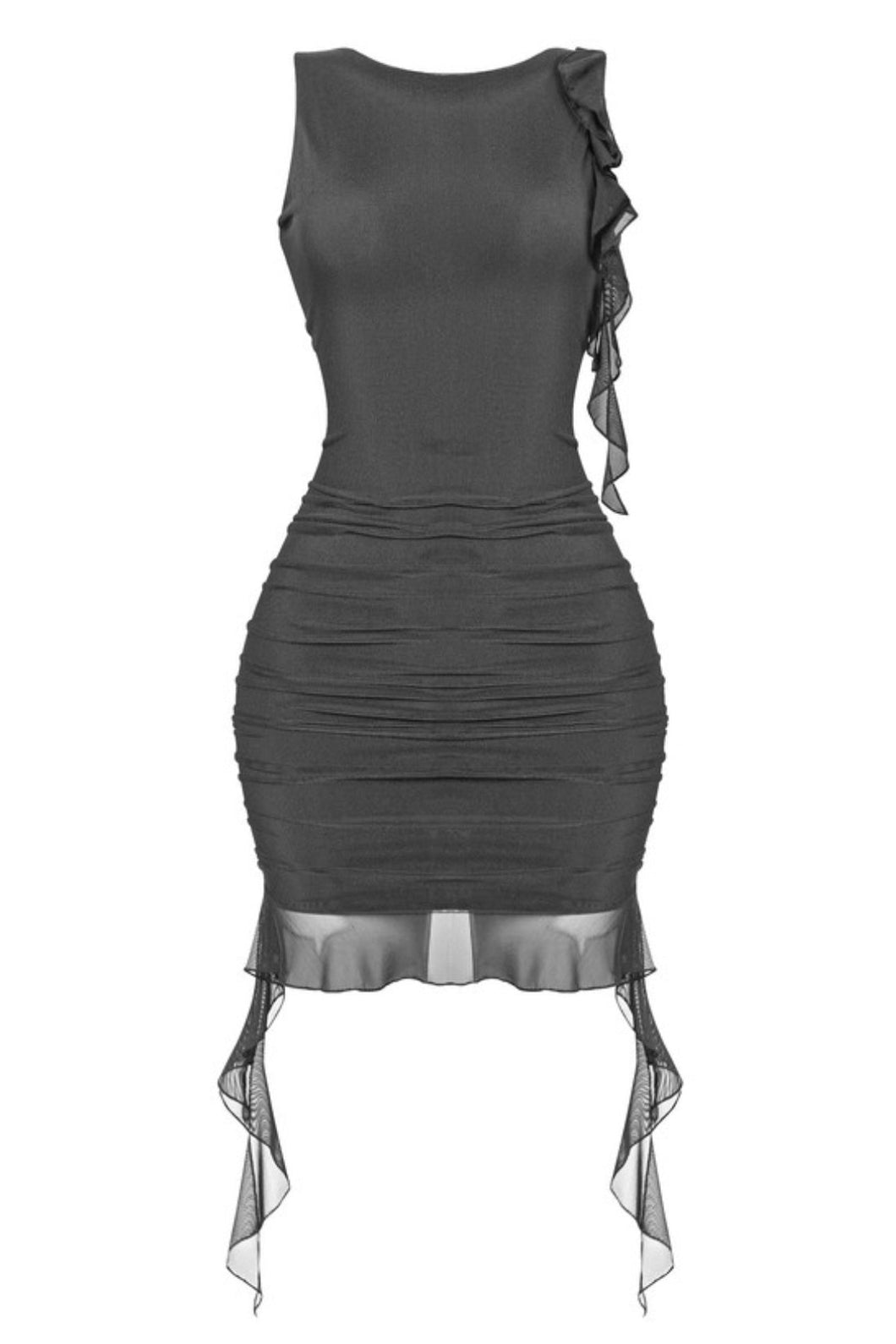 Mira Mesh Ruffle Mini Dress (Black)