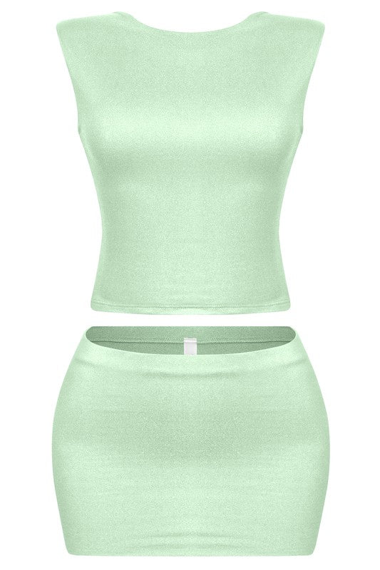 Dulce Open Back Mini Skirt Set (Sage Green)