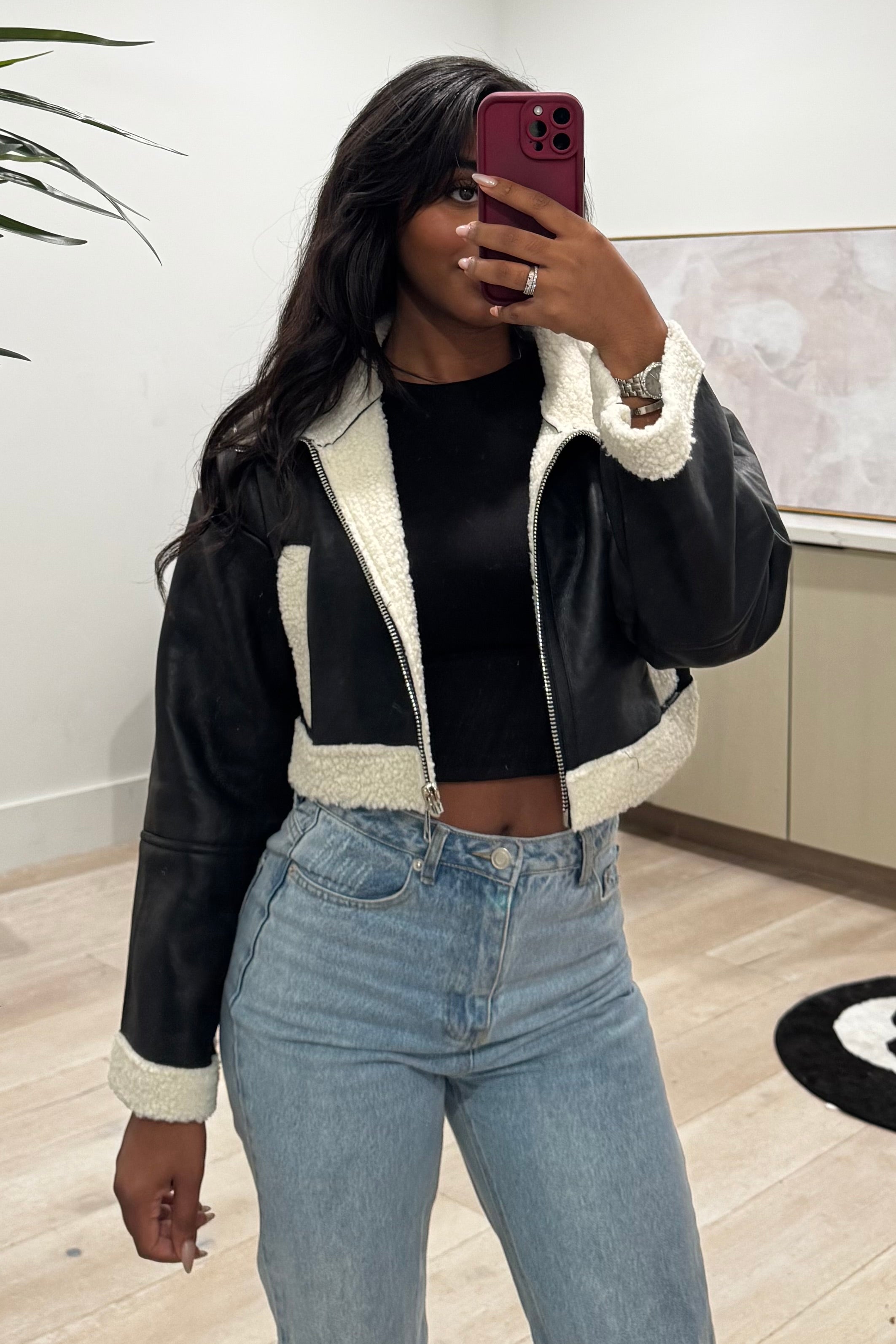Malorie Fur Leather Jacket (Black/White)