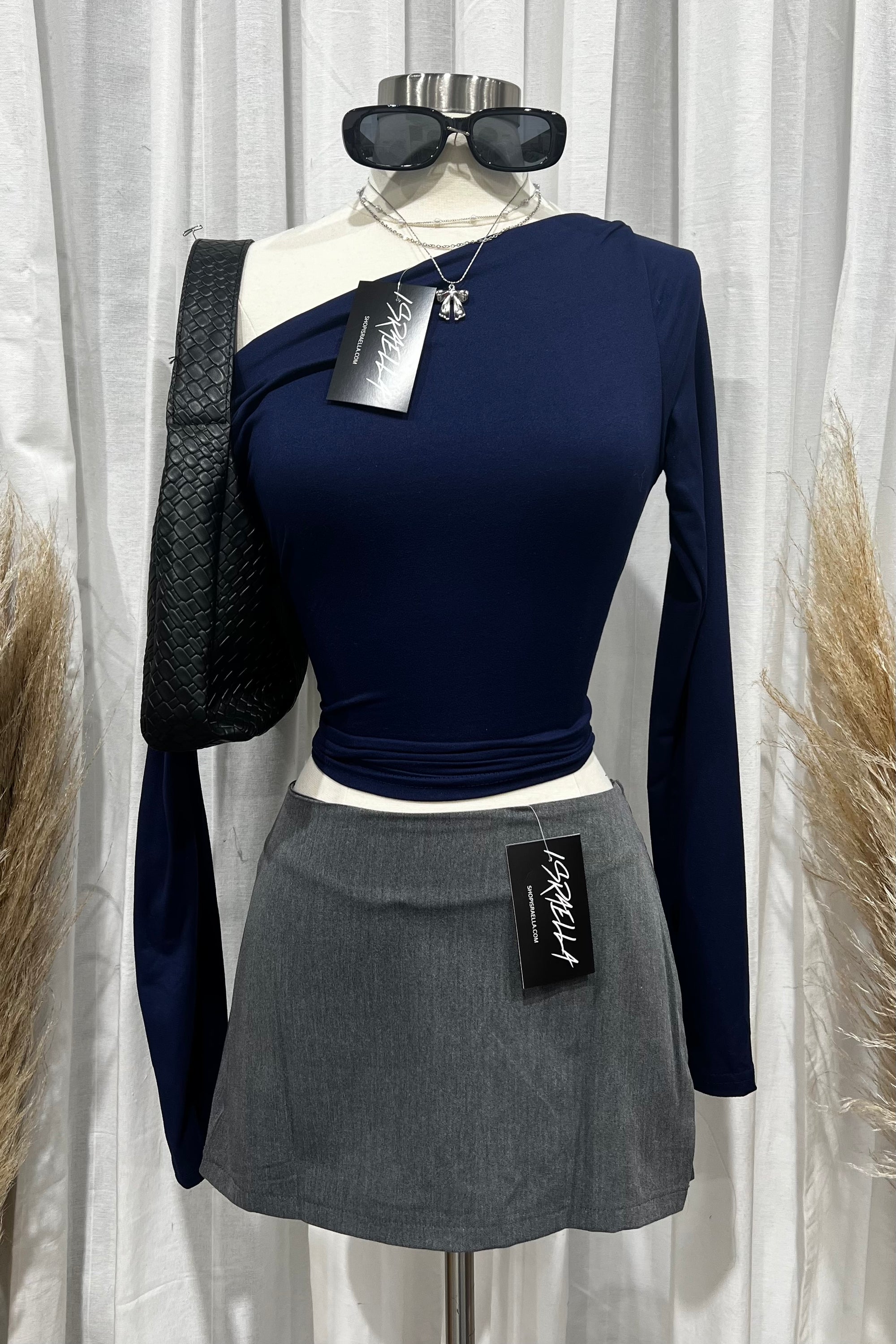 Adelisa Off Shoulder Long Sleeve Top (Navy Blue)