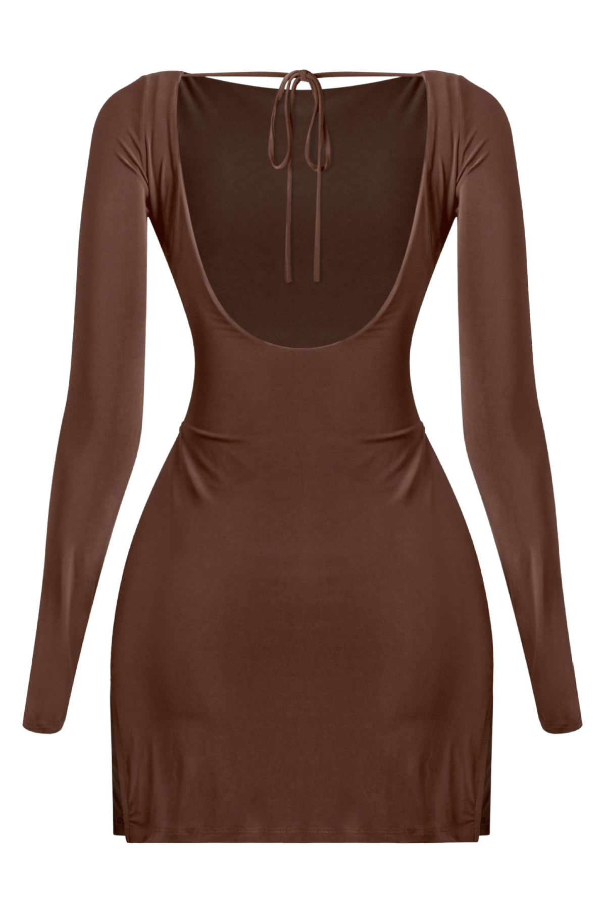 Staci Long Sleeve Open Back Side Slits Mini Dress (Brown)