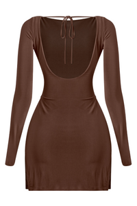 Staci L/S Open Back Side Slits Mini Dress (Brown)