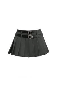 Revenge Double Belt Pleated Mini Skirt (Slate Grey)