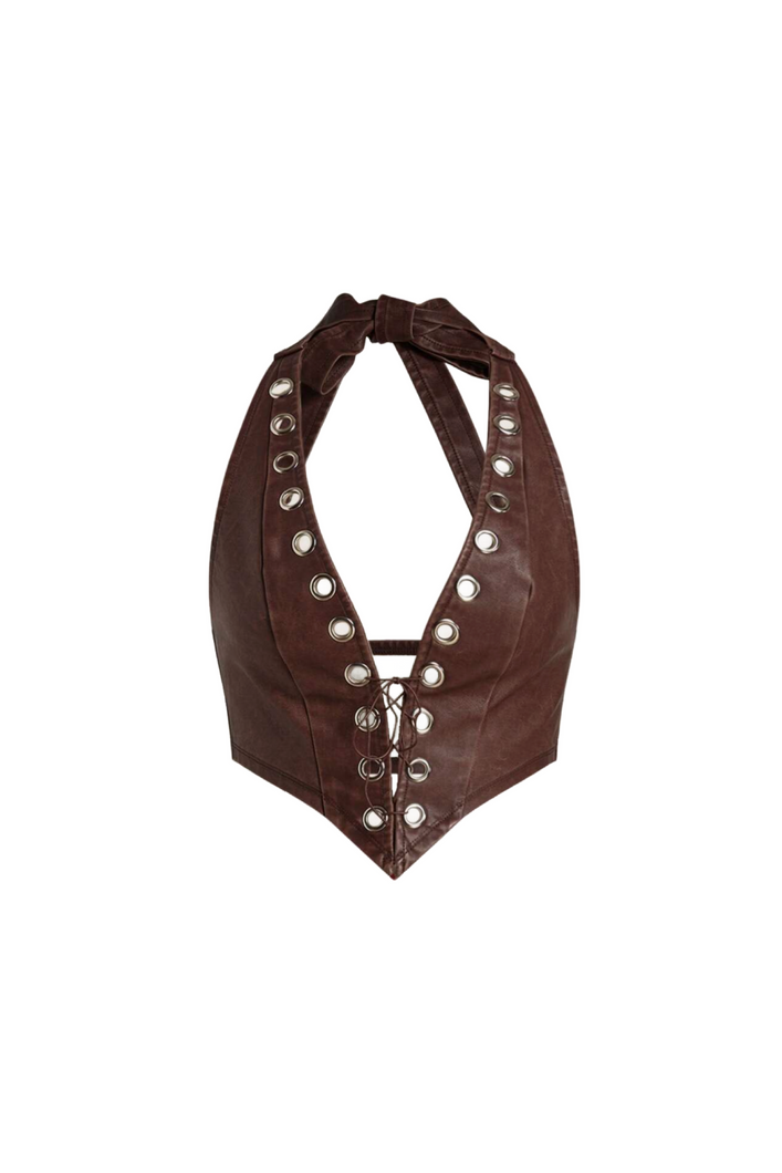 Kaiya Leather Halter Top (Chocolate Brown)