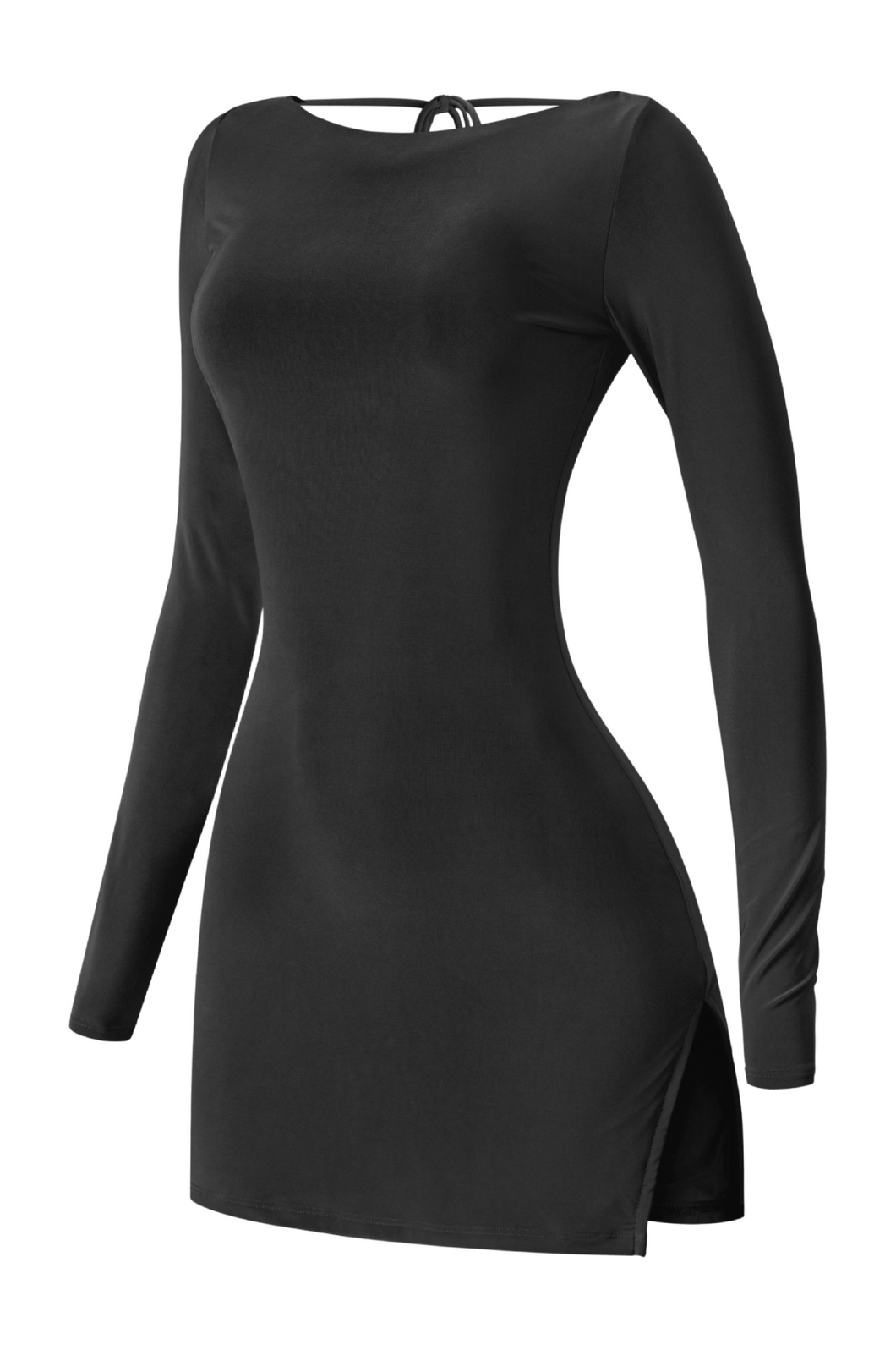 Staci L/S Open Back Side Slits Mini Dress (Black)