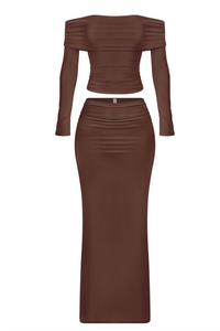 Helena Off Shoulder L/S Crop Top Maxi Skirt Set (Brown)