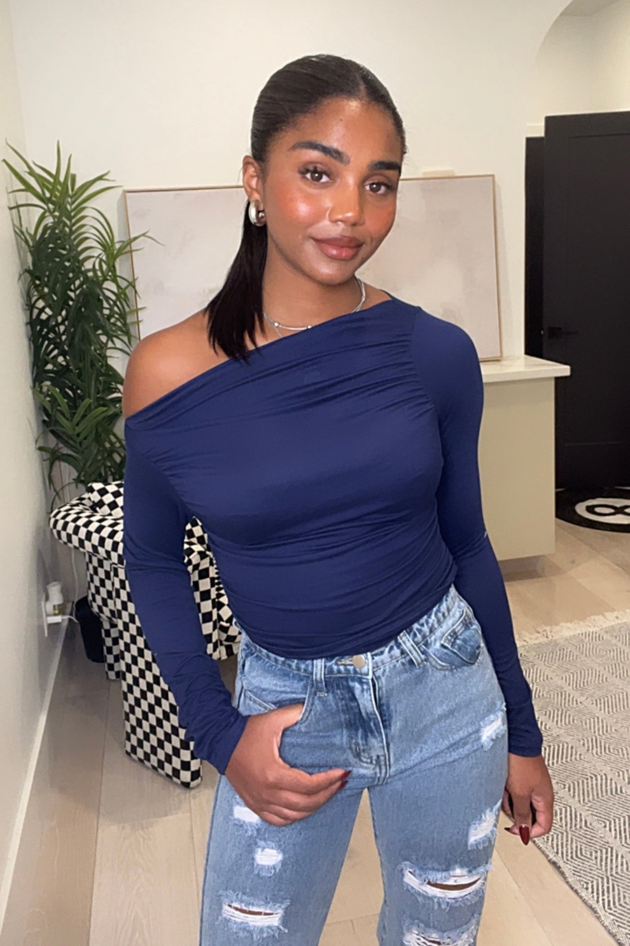 Adelisa Off Shoulder Long Sleeve Top (Navy Blue)