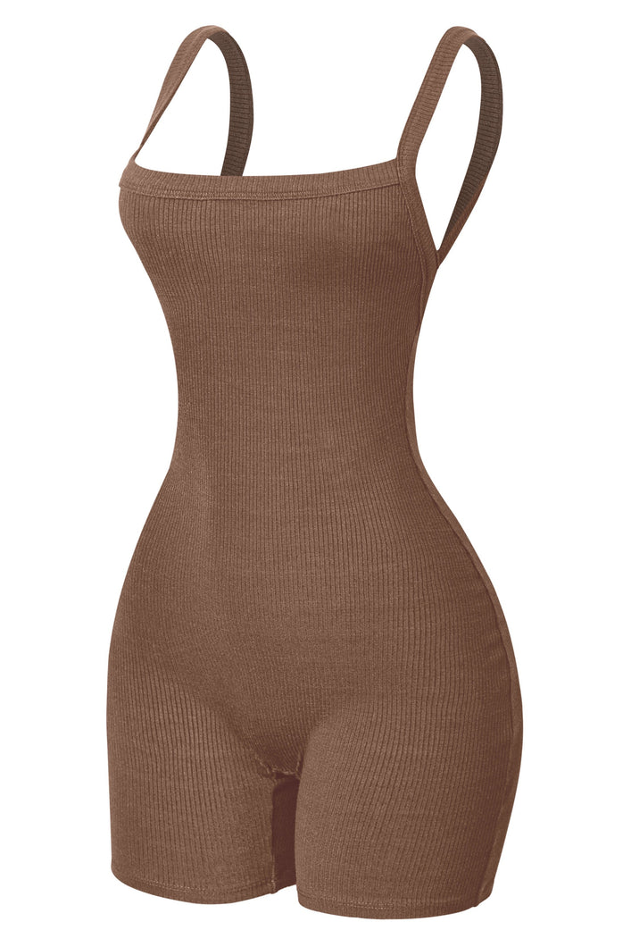 Ria Ribbed Open Back Romper (Chocolate Brown)