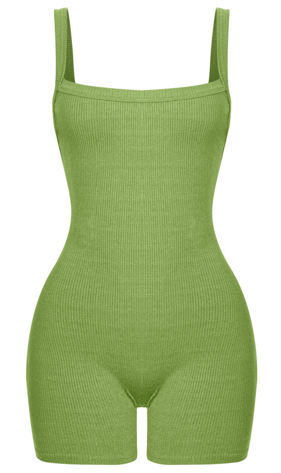 Ria Ribbed Open Back Romper (Pear Green)