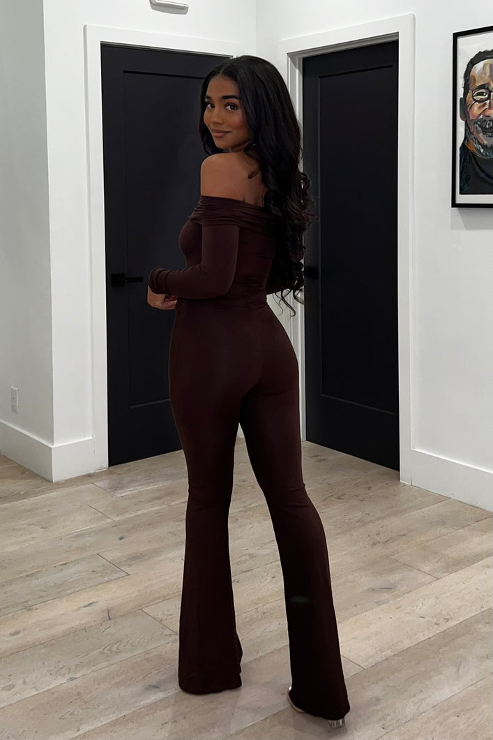 Maisy Off Shoulder Jumpsuit (Chocolate Brown)