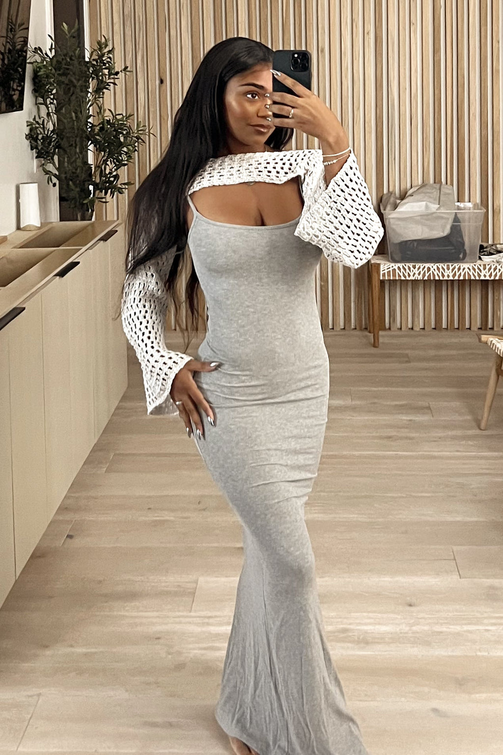 Ellis Knit L/S Net Shrug (Beige Grey)