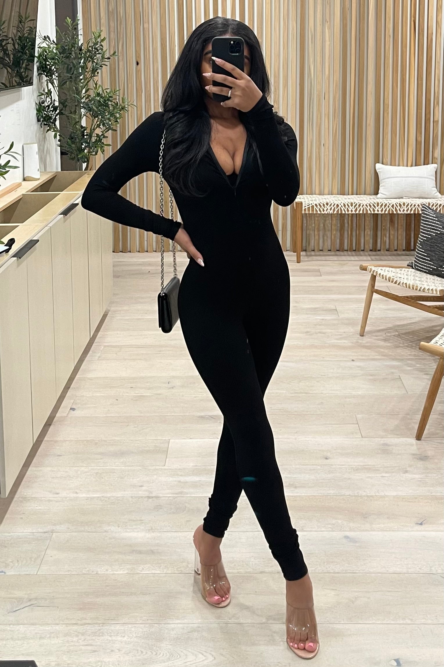 Delilah Mock Neck Long Sleeve Ribbed Jumpsuit (Black)