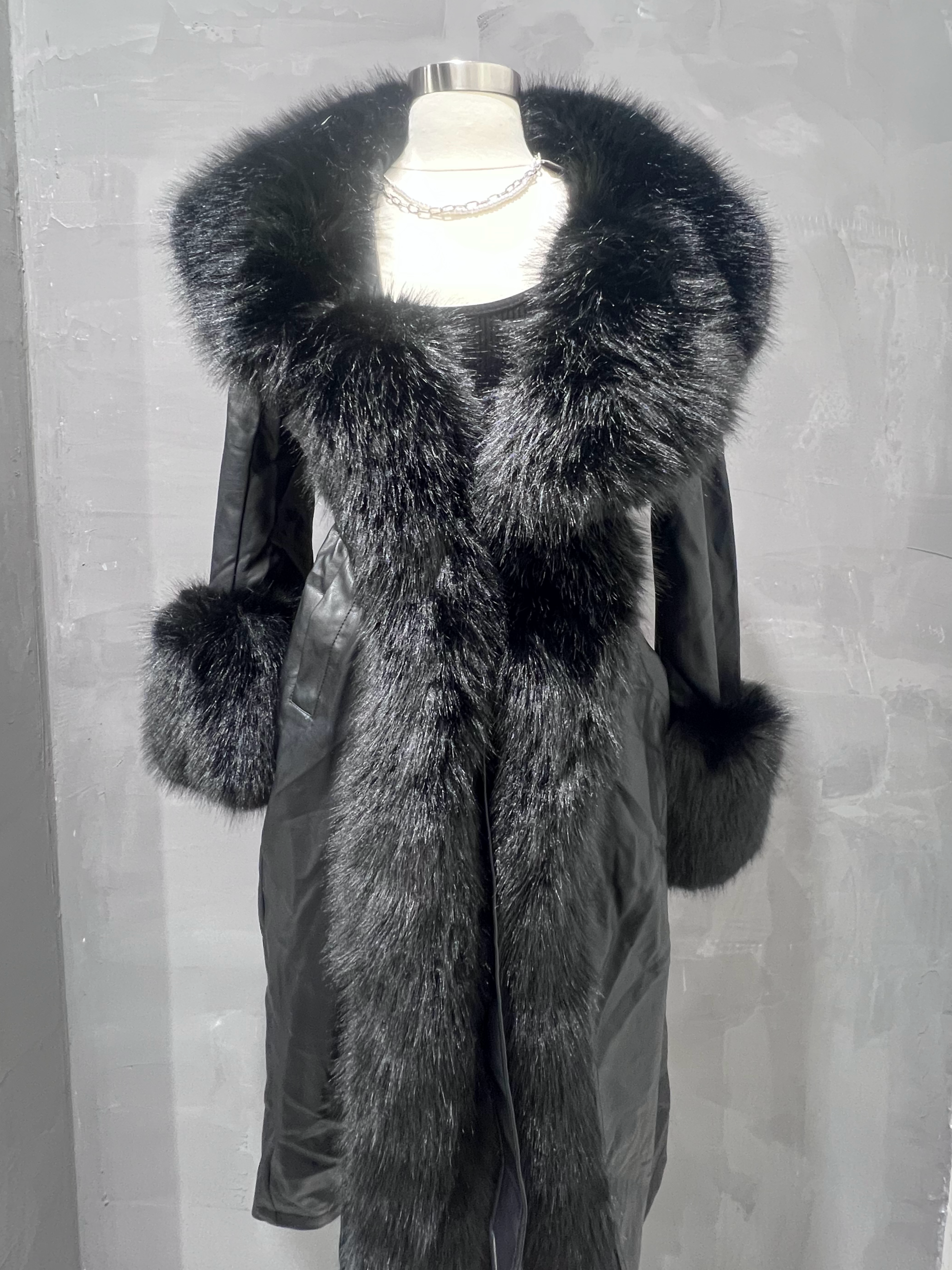 Roxy Fur Leather Long Trench Coat (Black)