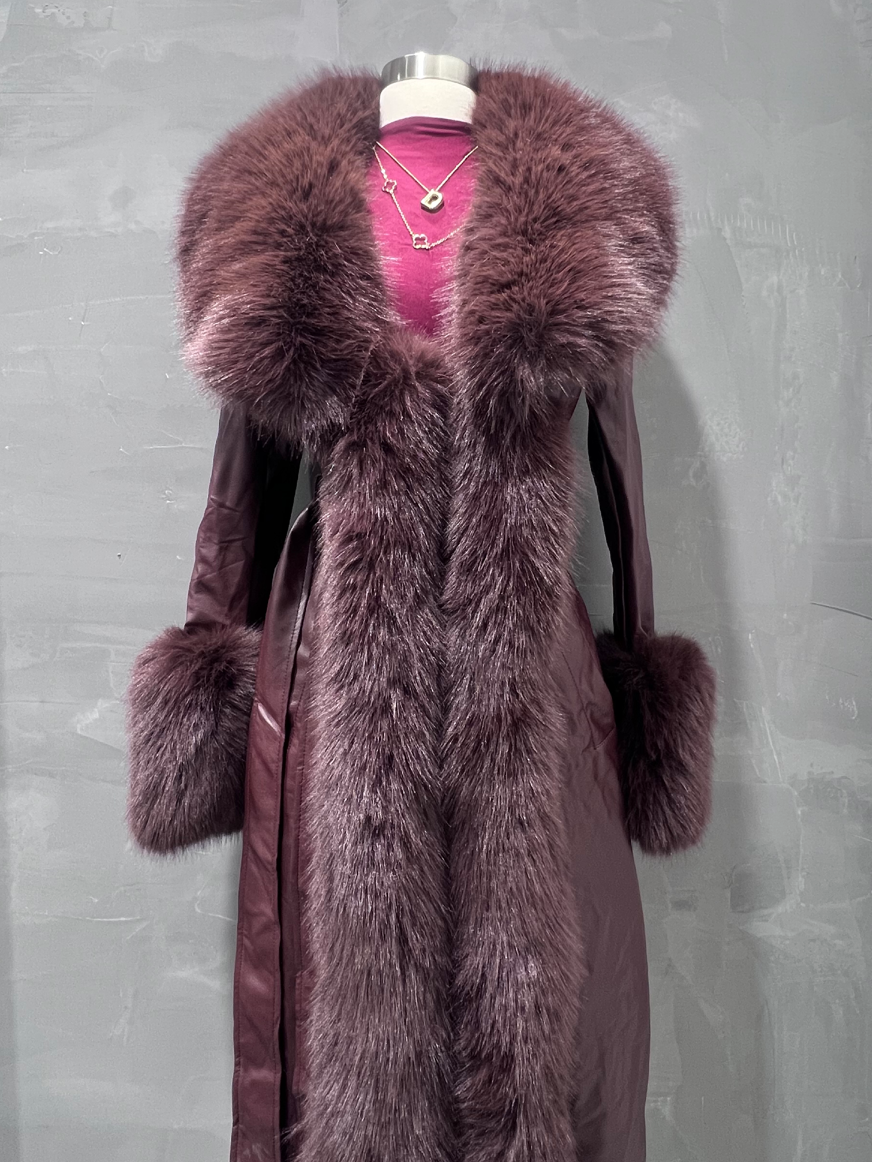 Roxy Fur Leather Long Trench Coat (Wine)