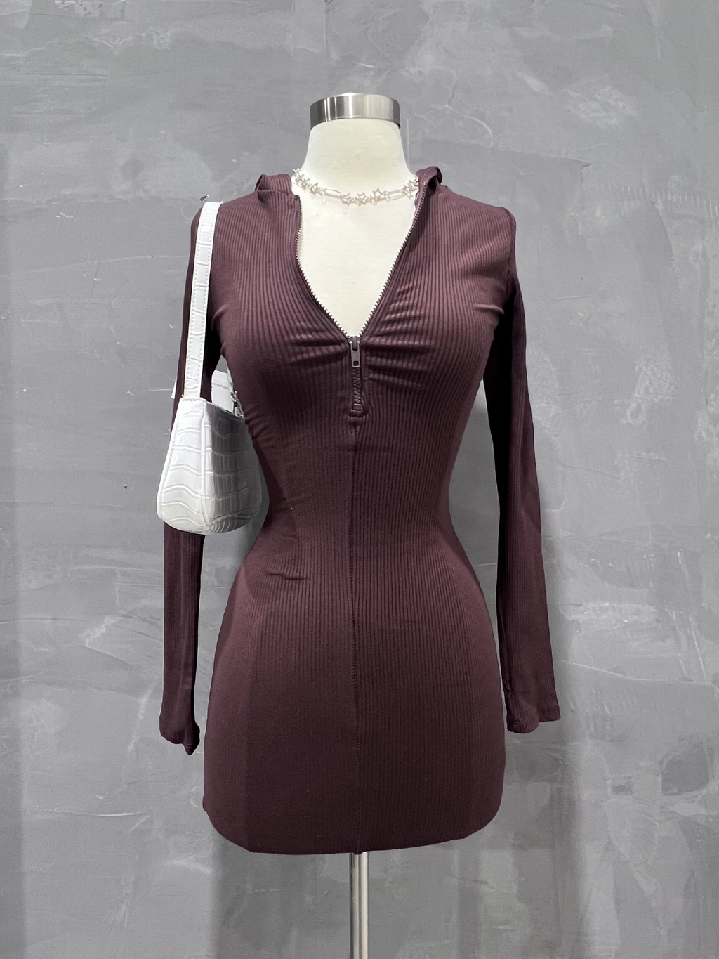 Deandra Ribbed Hoodie Mini Dress (Brown)