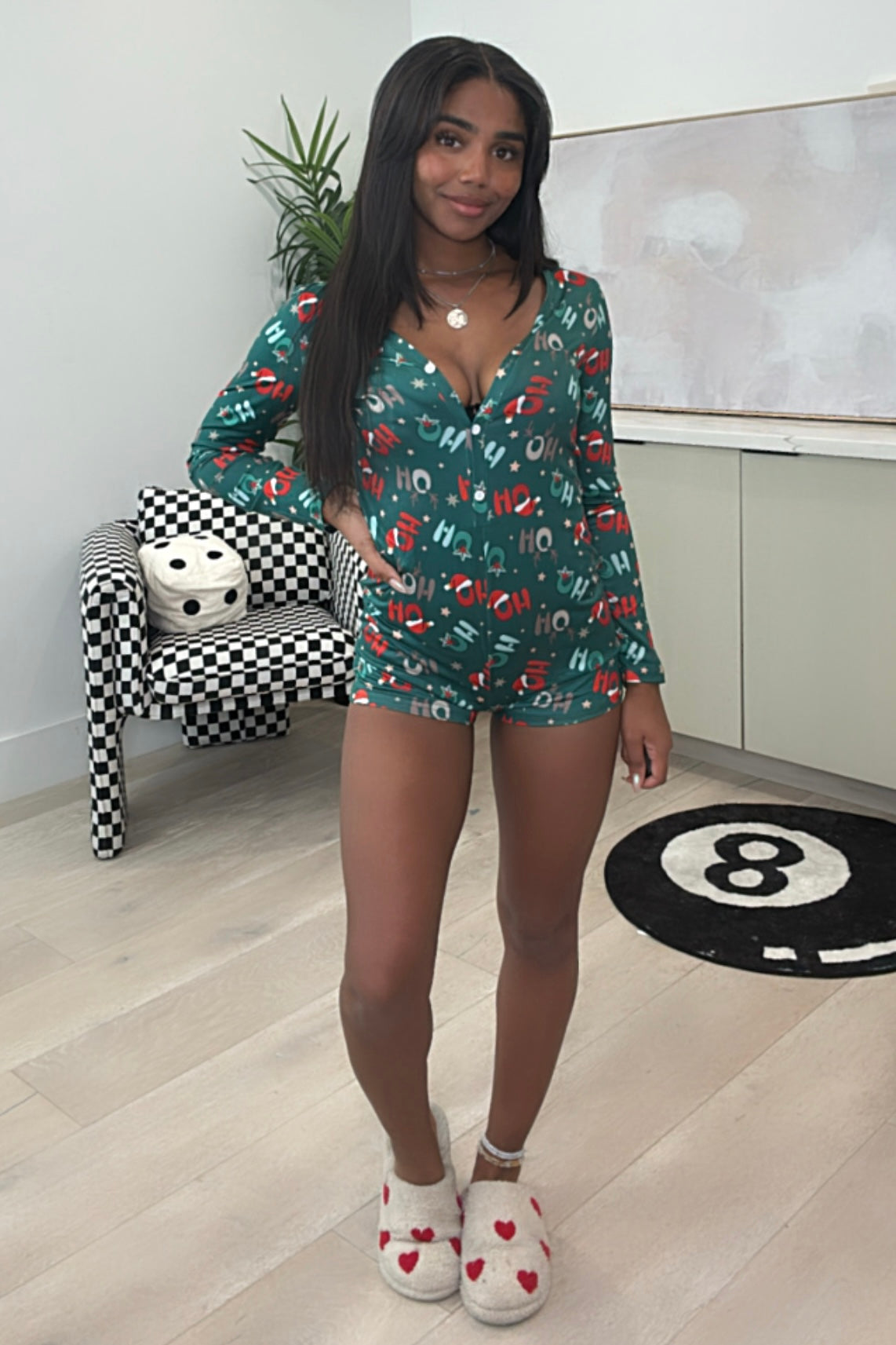 Ho Ho Ho Pj Romper (Dark Green)