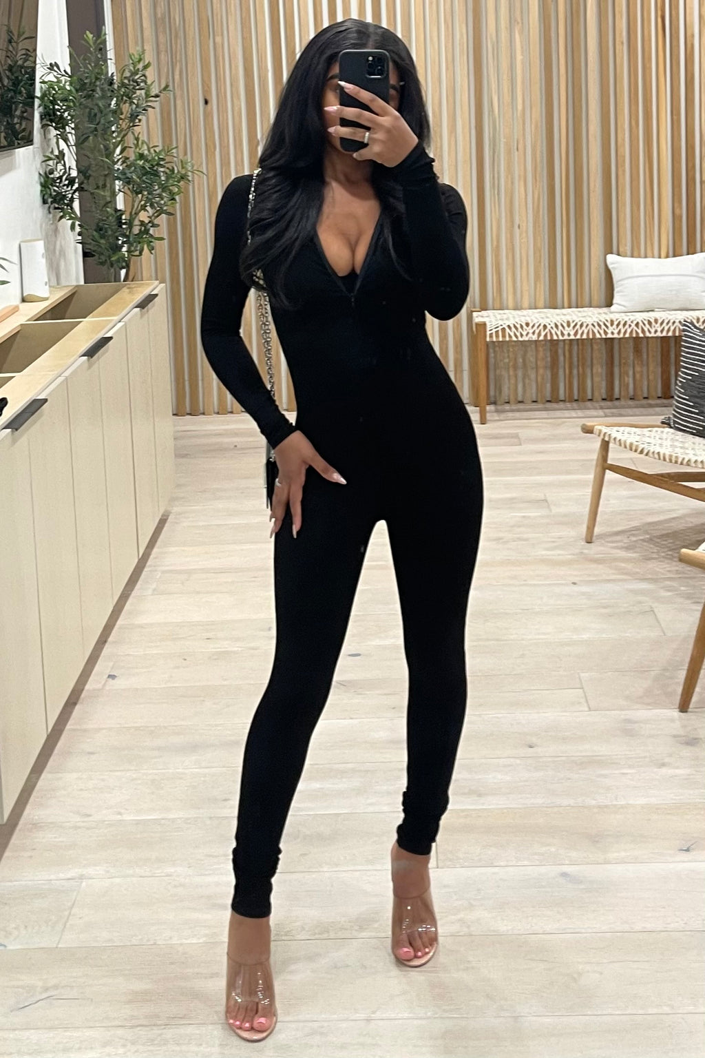 Delilah Mock Neck Long Sleeve Ribbed Jumpsuit (Black)