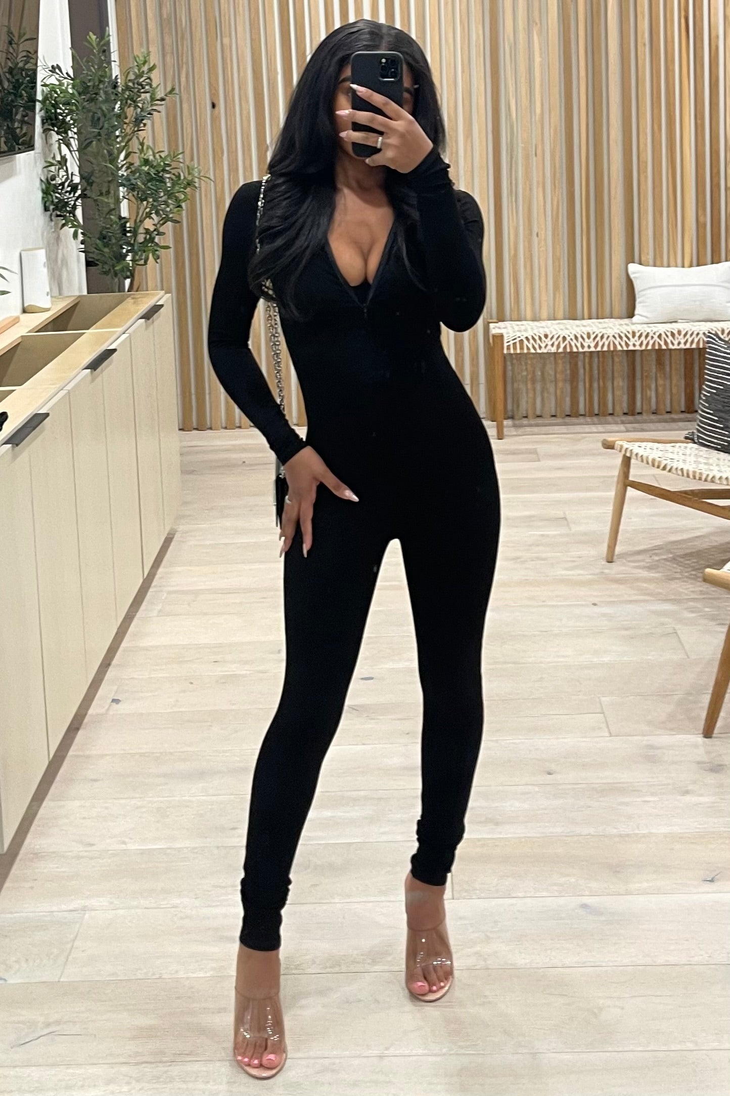Delilah Mock Neck Long Sleeve Ribbed Jumpsuit (Black)