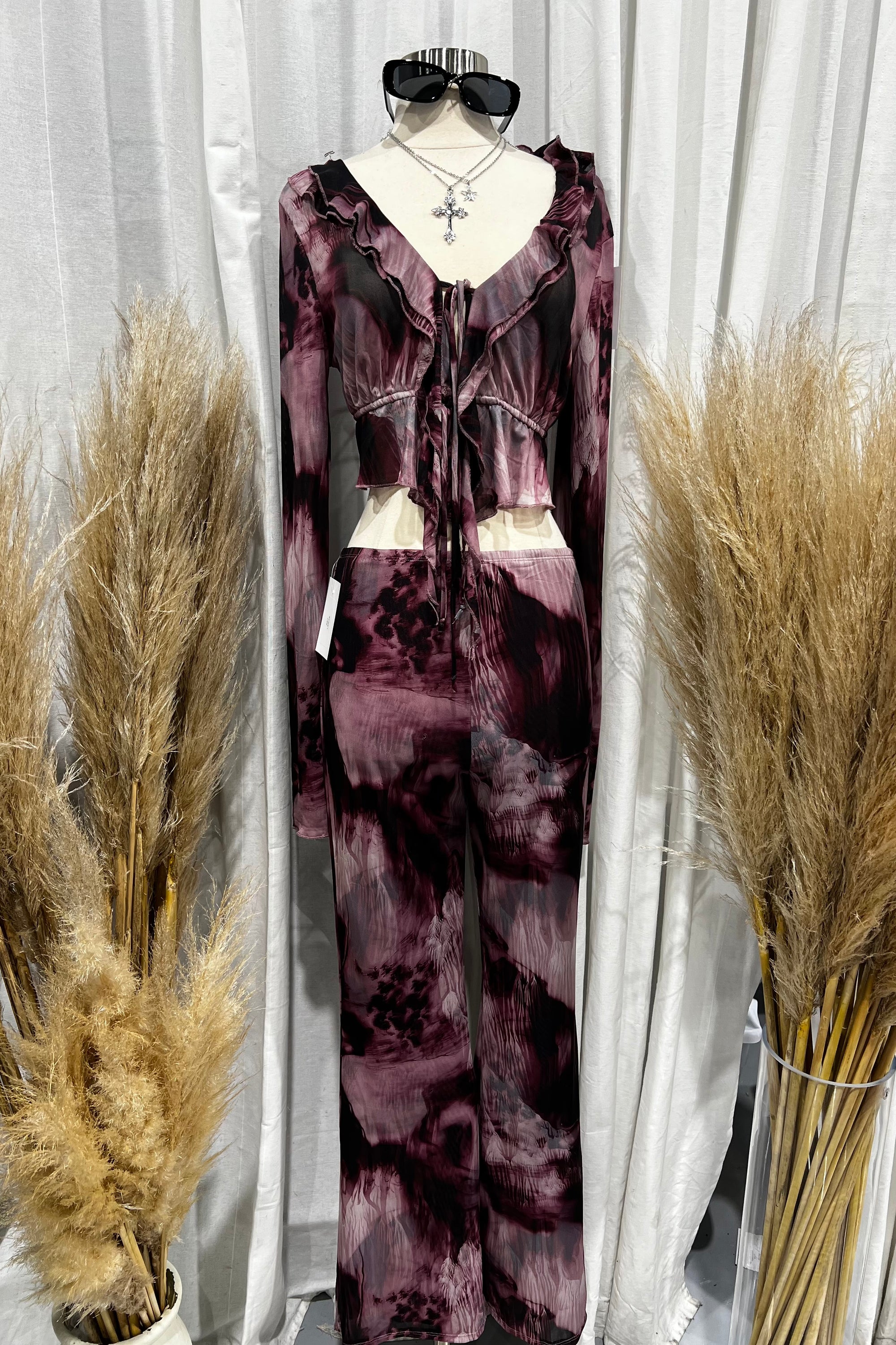 Alondra Long Sleeve Mesh Pants Set (Purple Multi)